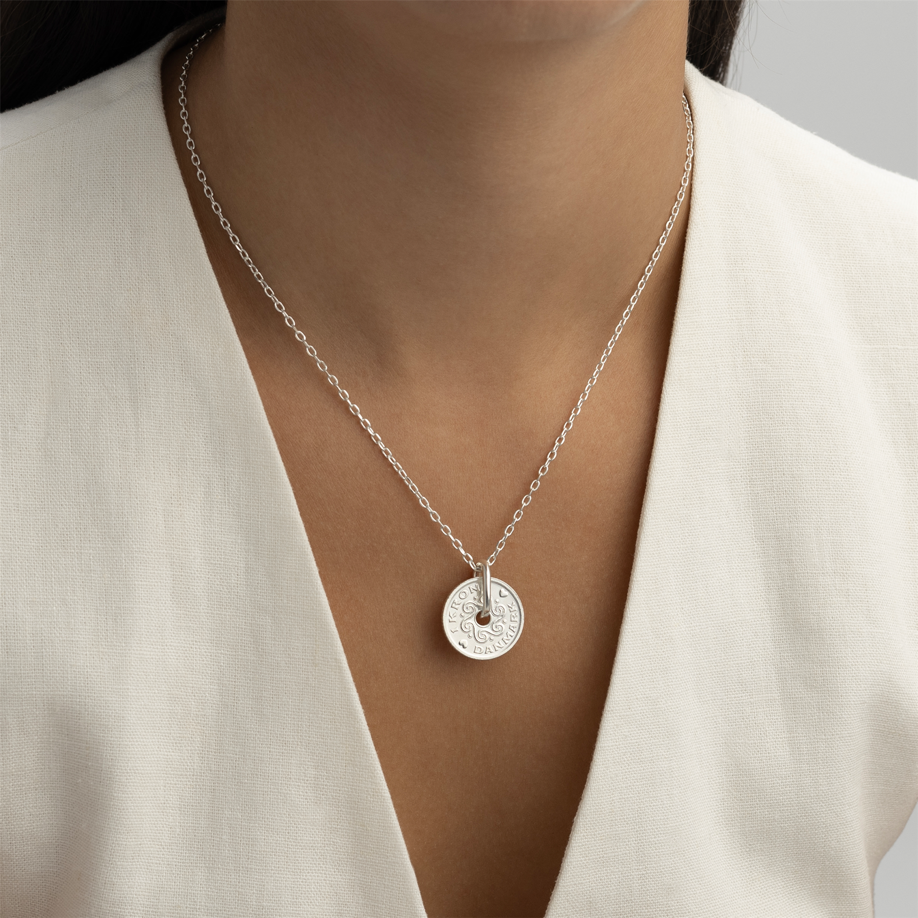 Danish Coin Necklace | Medallion Pendant Jewelry | Rhodium Plated 1 Krone | Denmark | 1992 - 2023