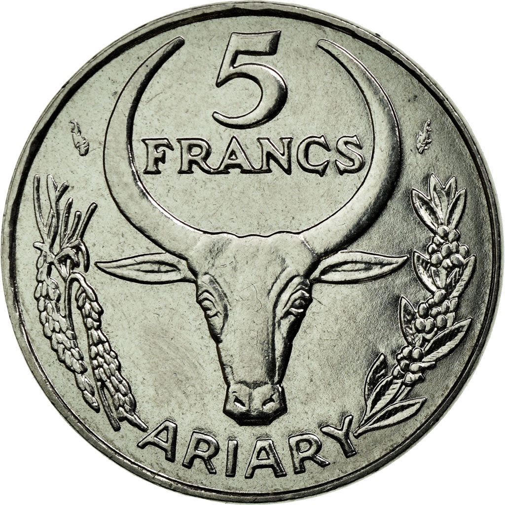 Madagascar | 5 Francs / 1 Ariary Coin | Zebu | Flower | Km:10 | 1966 - 1989