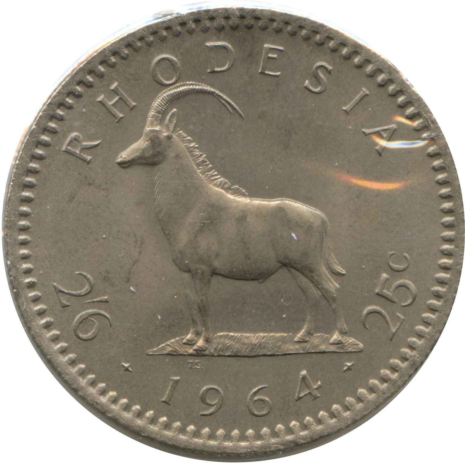 Rhodesia | 2.5 Shillings / 25 Cents Coin | Elizabeth II | Antelope | Km:4 | 1964