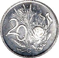 South Africa | 20 Cents Coin | Charles Robberts Swart | Flowers | Protea | Km:78.1 | 1968