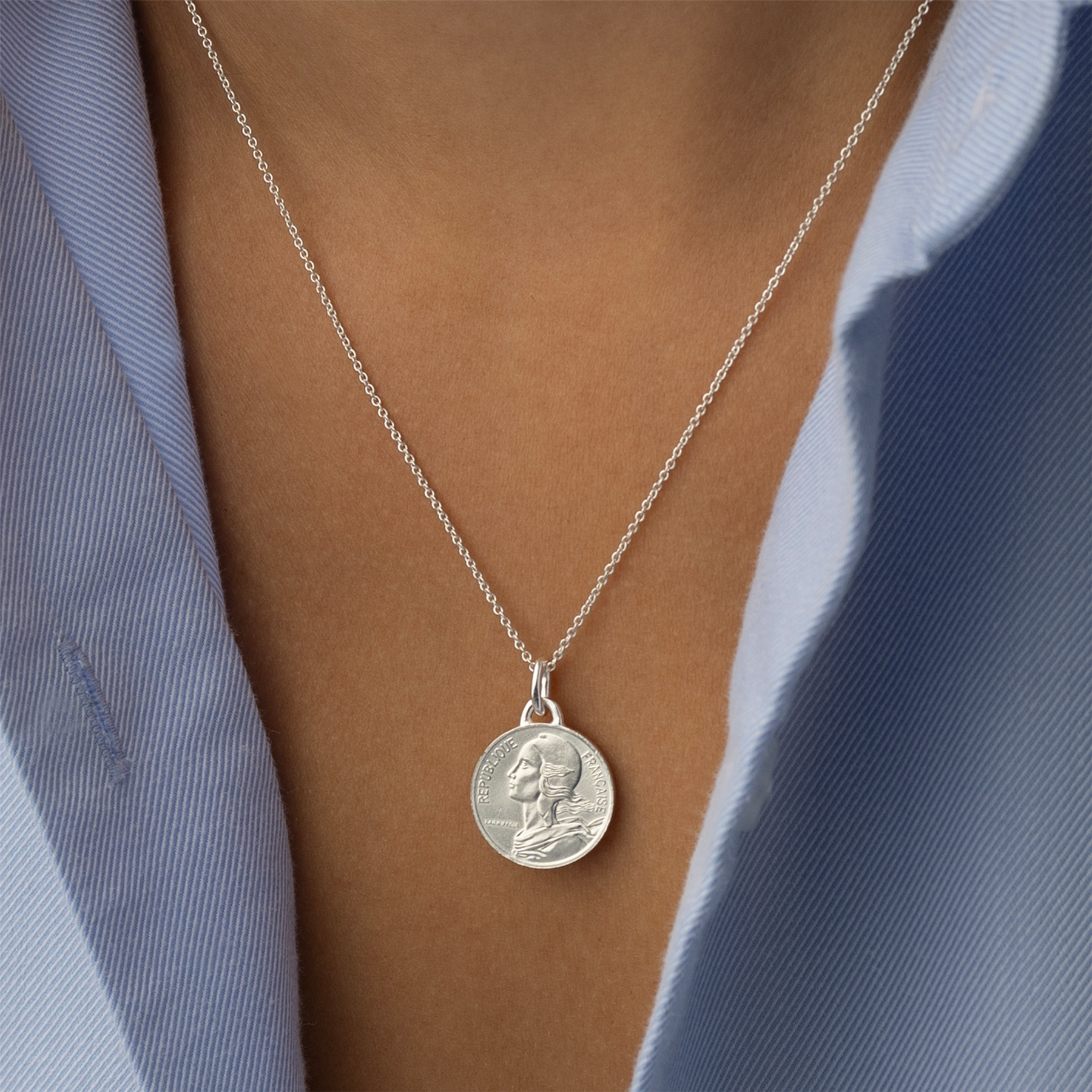 French Coin Necklace | Medallion Pendant Jewelry | Rhodium Plated 5 Centimes | 1966 - 2001