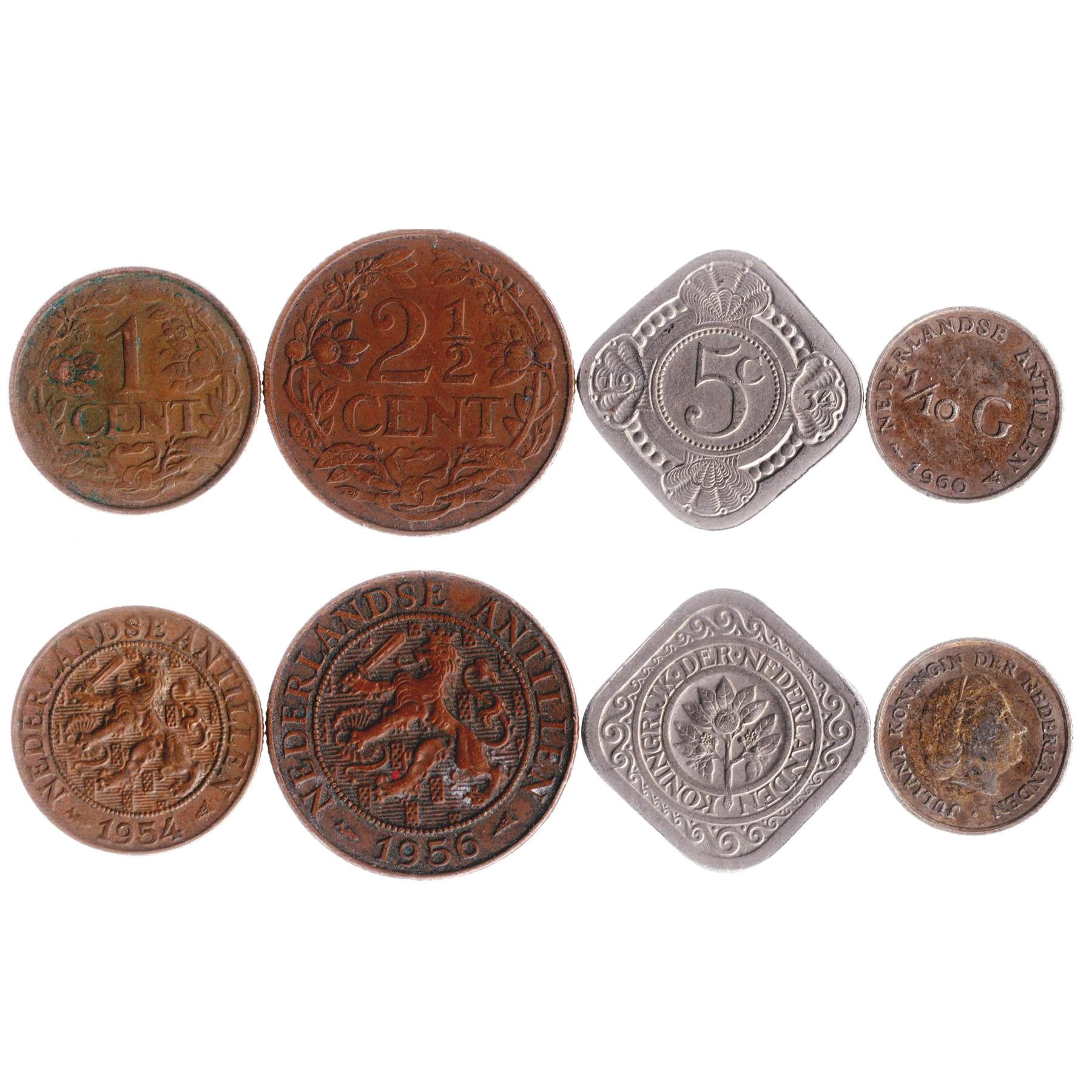 Netherlands Antillean 4 Coin Set 1 2½ 5 Cents 1/10 Gulden | Juliana | Orange Blossom | Netherlands Antilles | 1952 - 1970
