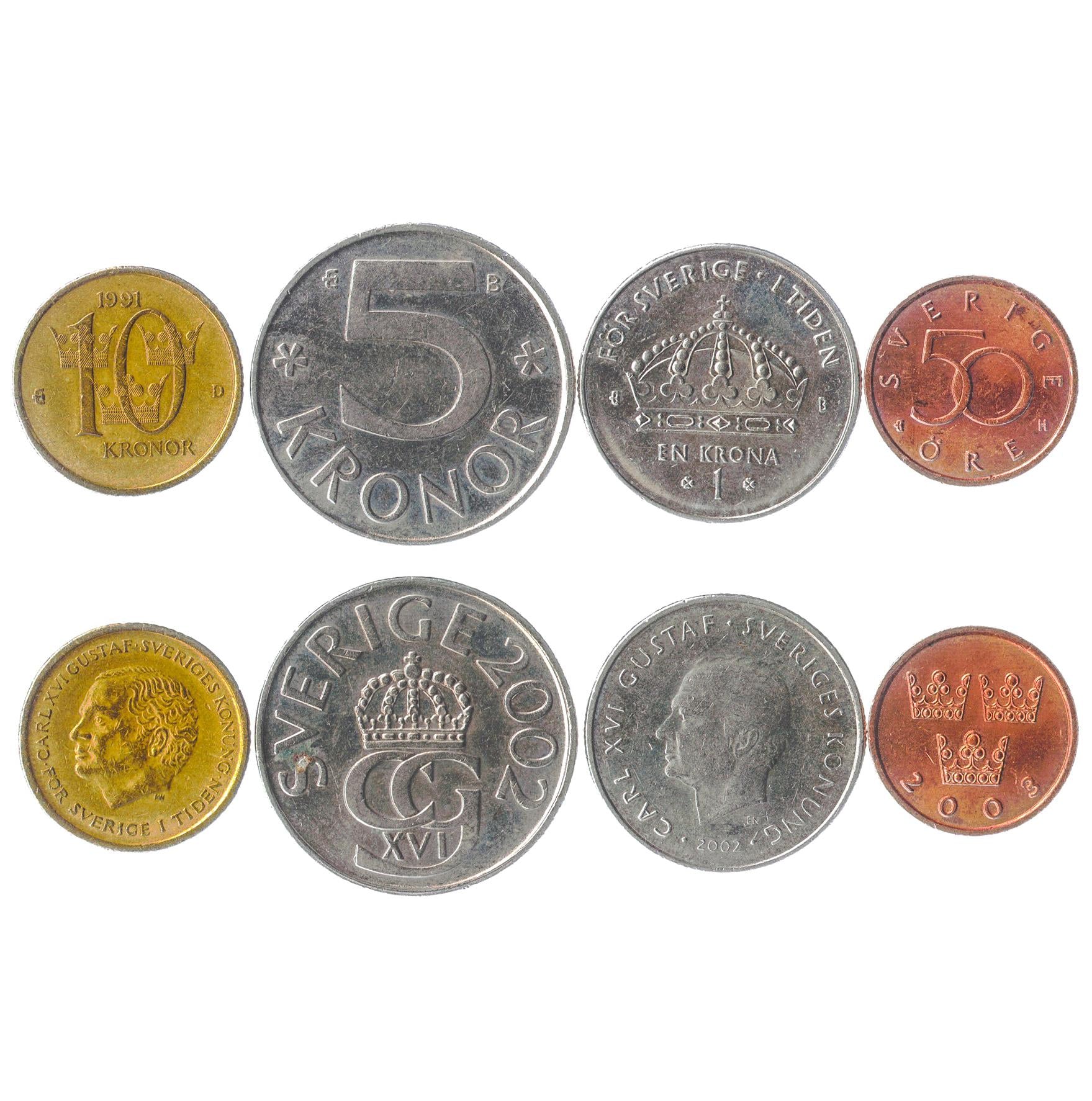 Swedish 4 Coin Set 50 Öre 1 5 10 Kronor | Carl XVI Gustaf | Three Crowns | Sweden | 1992 - 2012