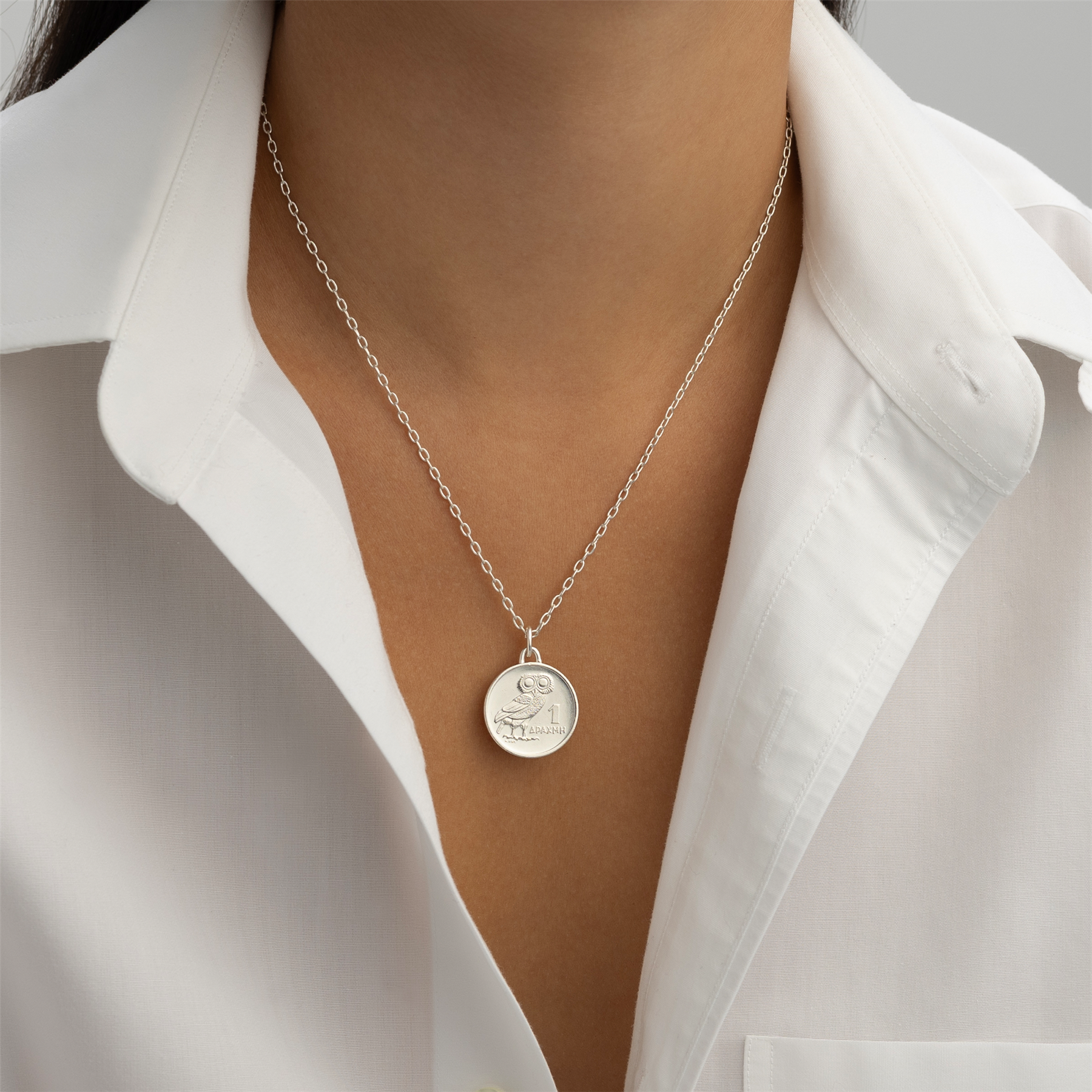 Rhodium Plated Genuine Greek 1 Drachma Coin Necklace | Medallion | Owl | 1973