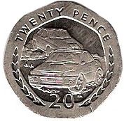 Isle of Man | 20 Pence Coin | Queen Elizabeth II | Race Car | Rally | Subaru Imprezza | Ford Escort Cosworth | KM904 | 1998 - 1999