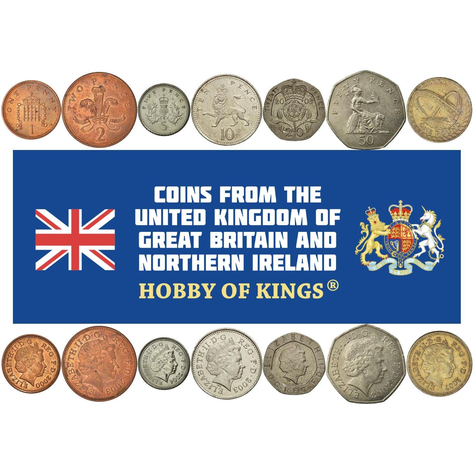 United Kingdom | 7 Coin Set | 1 Penny 2 5 10 20 50 Pence 1 Pound | 1998 - 2008