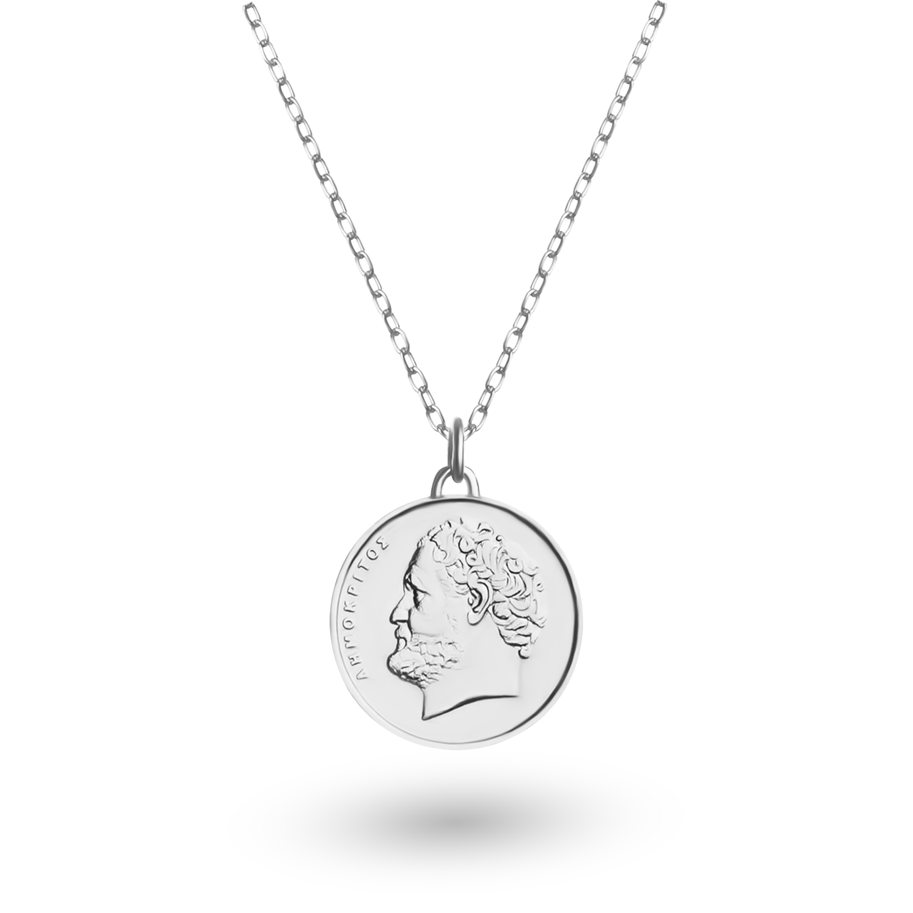 Greek Coin Necklace | Medallion Pendant Jewelry | Rhodium Plated 10 Drachmes | Democritus | 1976 - 2000