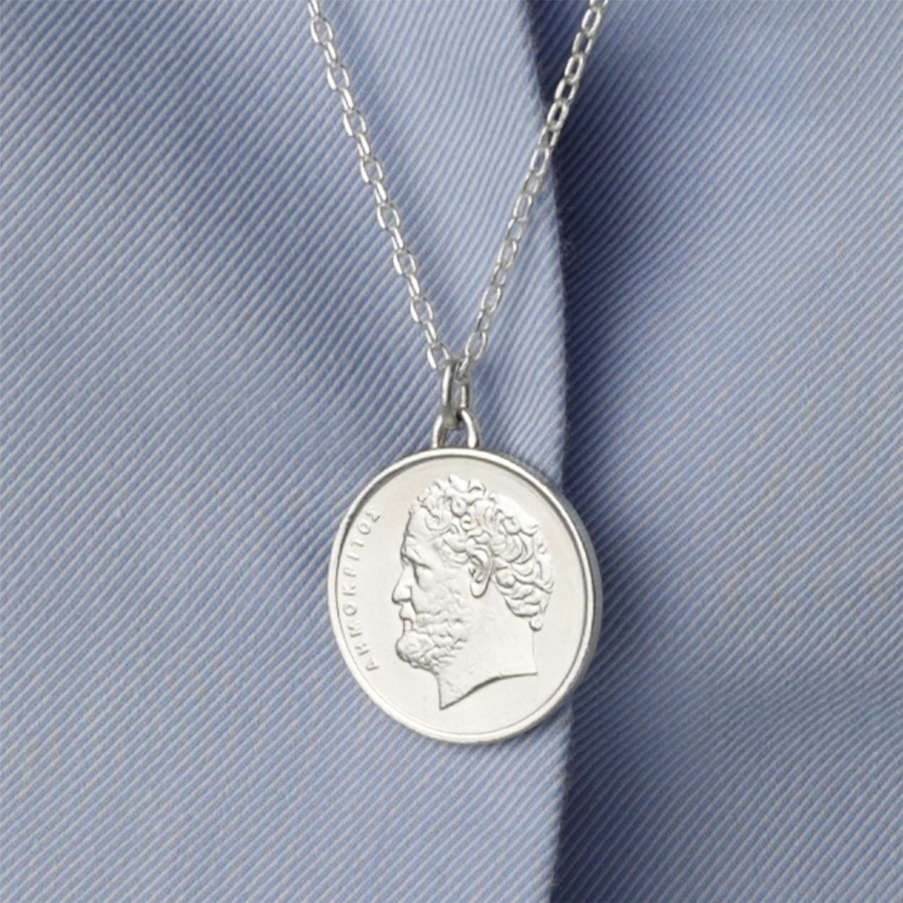 Greek Coin Necklace | Medallion Pendant Jewelry | Rhodium Plated 10 Drachmes | Democritus | 1976 - 2000