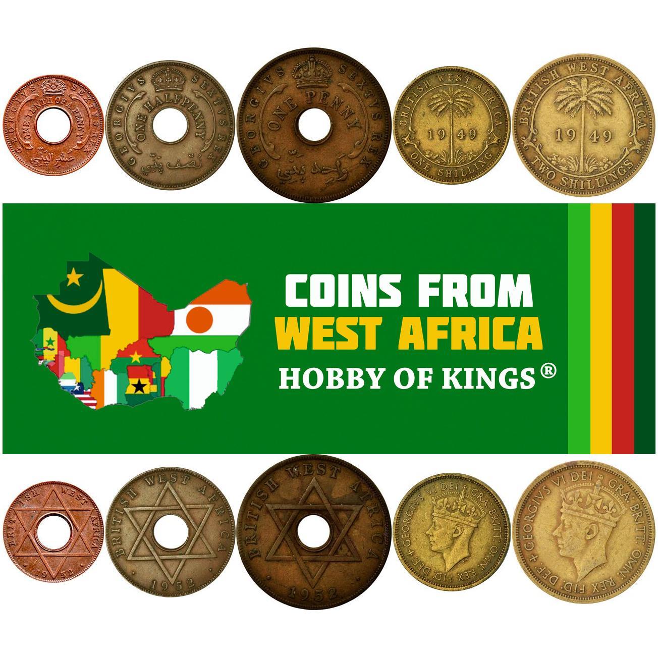 British West Africa | 5 Coin Set | 1/10 1/2 1 Penny 1 Shilling 2 Shillings | 1949 - 1952