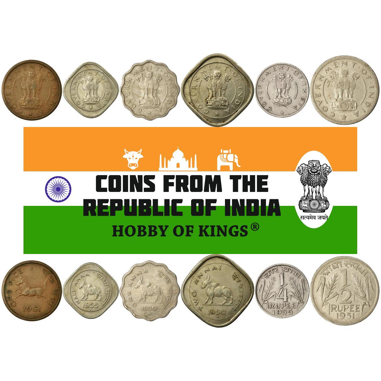 India | 6 Coin Set | 1 Pice 1/2 1 Anna 2 Annas 1/4 1/2 Rupee | 1950 - 1956