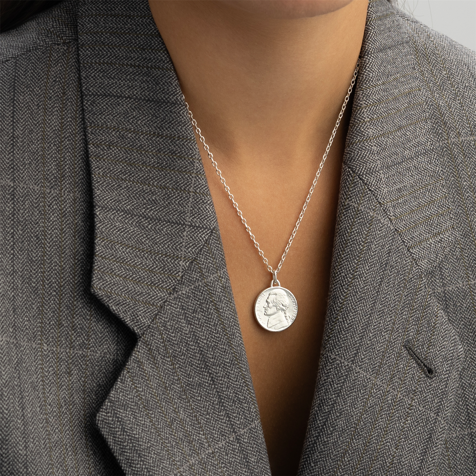 US Coin Necklace | Medallion Pendant Jewelry | Rhodium Plated United States of America 5 Cents | T. Jefferson | 2002