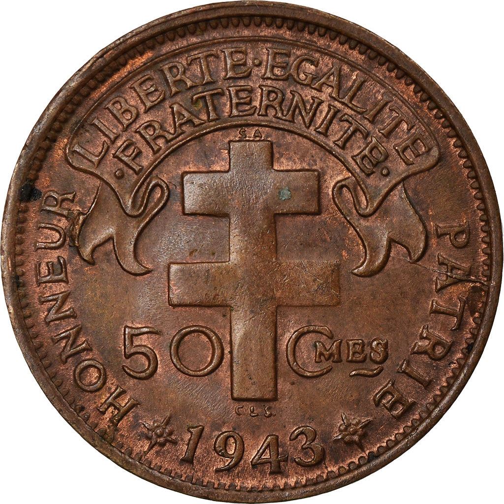 Madagascar | 50 Centimes Coin | Rooster | Lorraine Cross | Km:1 | 1943