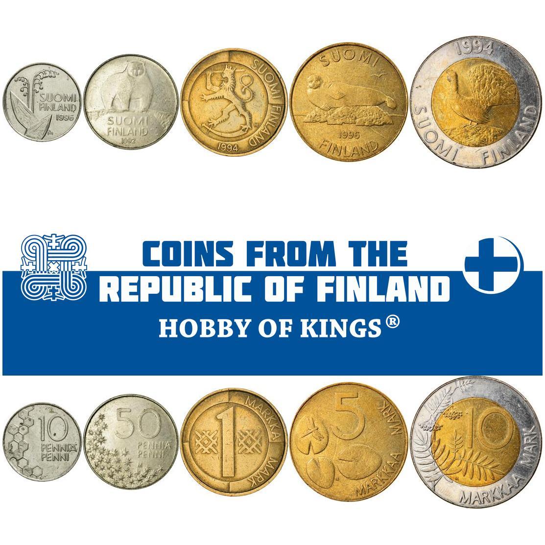 Finland | 5 Coin Set | 10 50 Pennia 1 Markka 5 10 Markkaa | 1990 - 2001