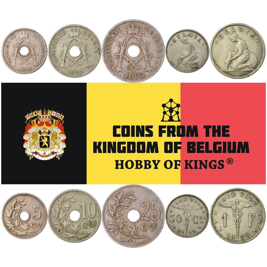 Belgium | 5 Coin Set | 5 10 25 50 Centimes 1 Franc | 1910 - 1935
