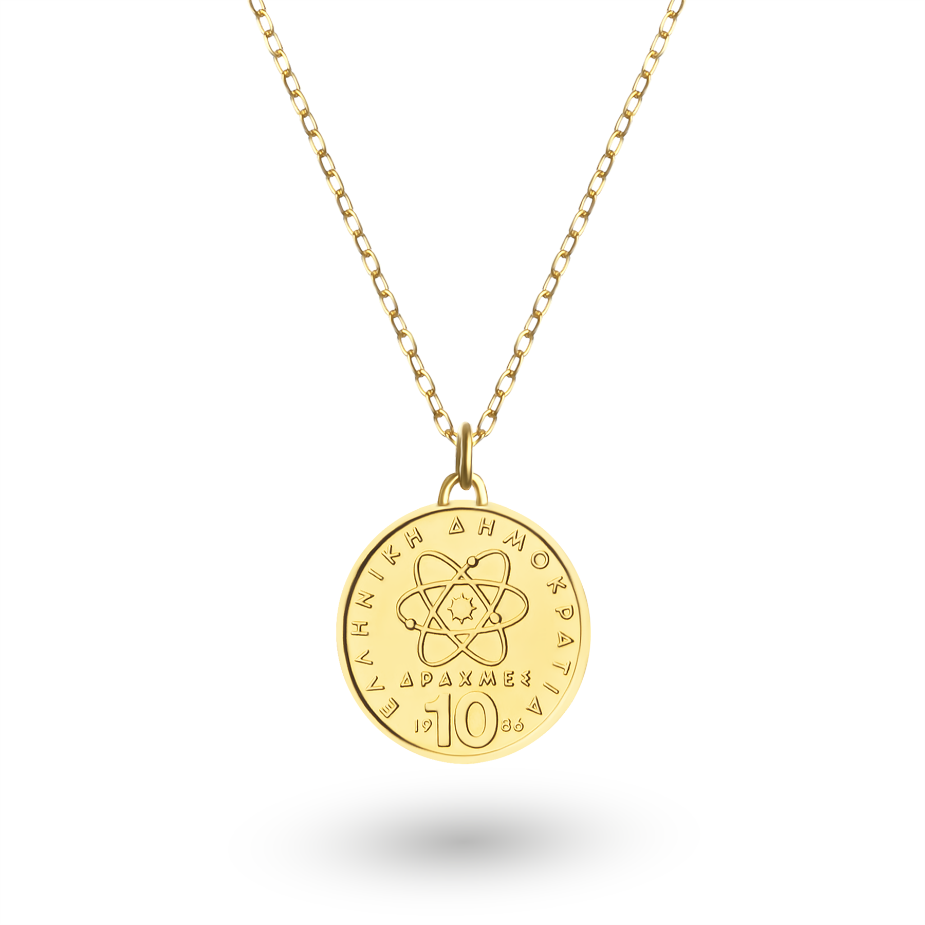 Greek Coin Necklace | Medallion Pendant Jewelry | 18K Gold Plated 10 Drachmes | Democritus | 1976 - 2000