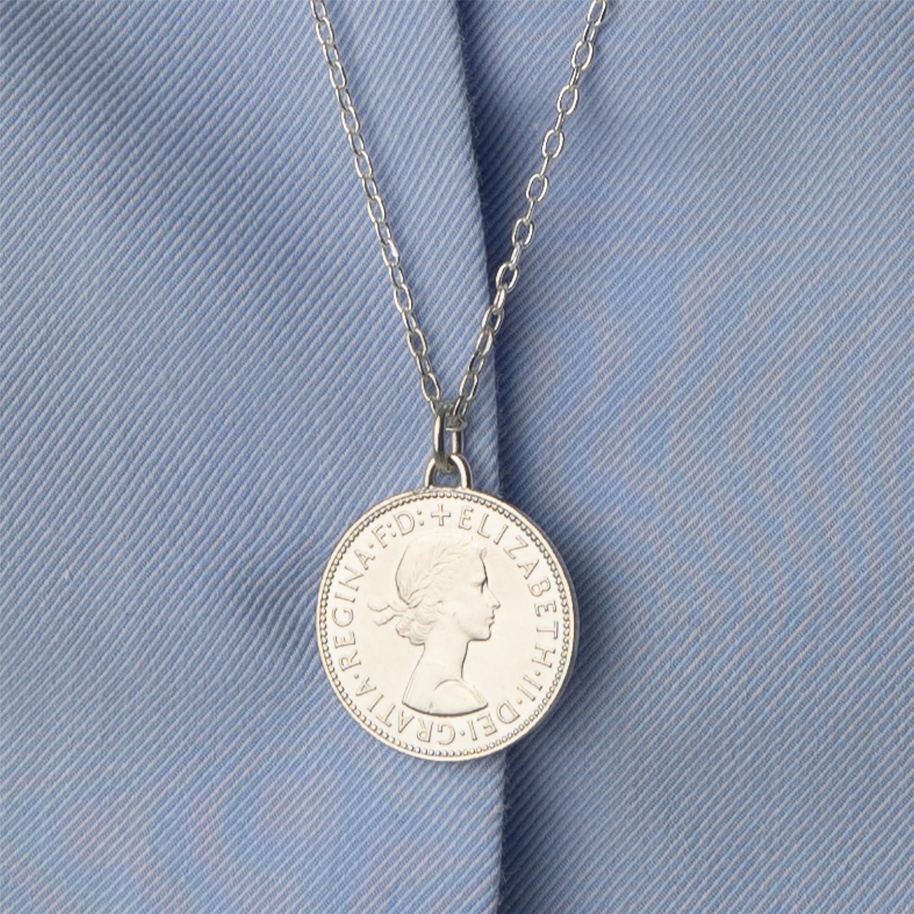 British Coin Necklace | Medallion Pendant Jewelry | Rhodium Plated 1/2 Penny | Queen Elizabeth II | 1954 - 1970