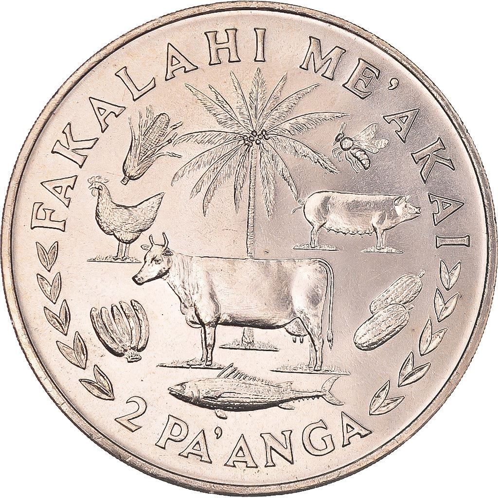 Tonga | 2 Pa'Anga Coin | King Tupou IV | FAO | Fish | Banana | Cow | Chicken | Pig | Palm Tree | Corn | Honey Bee | Watermelon | Km:49 | 1975 - 1977