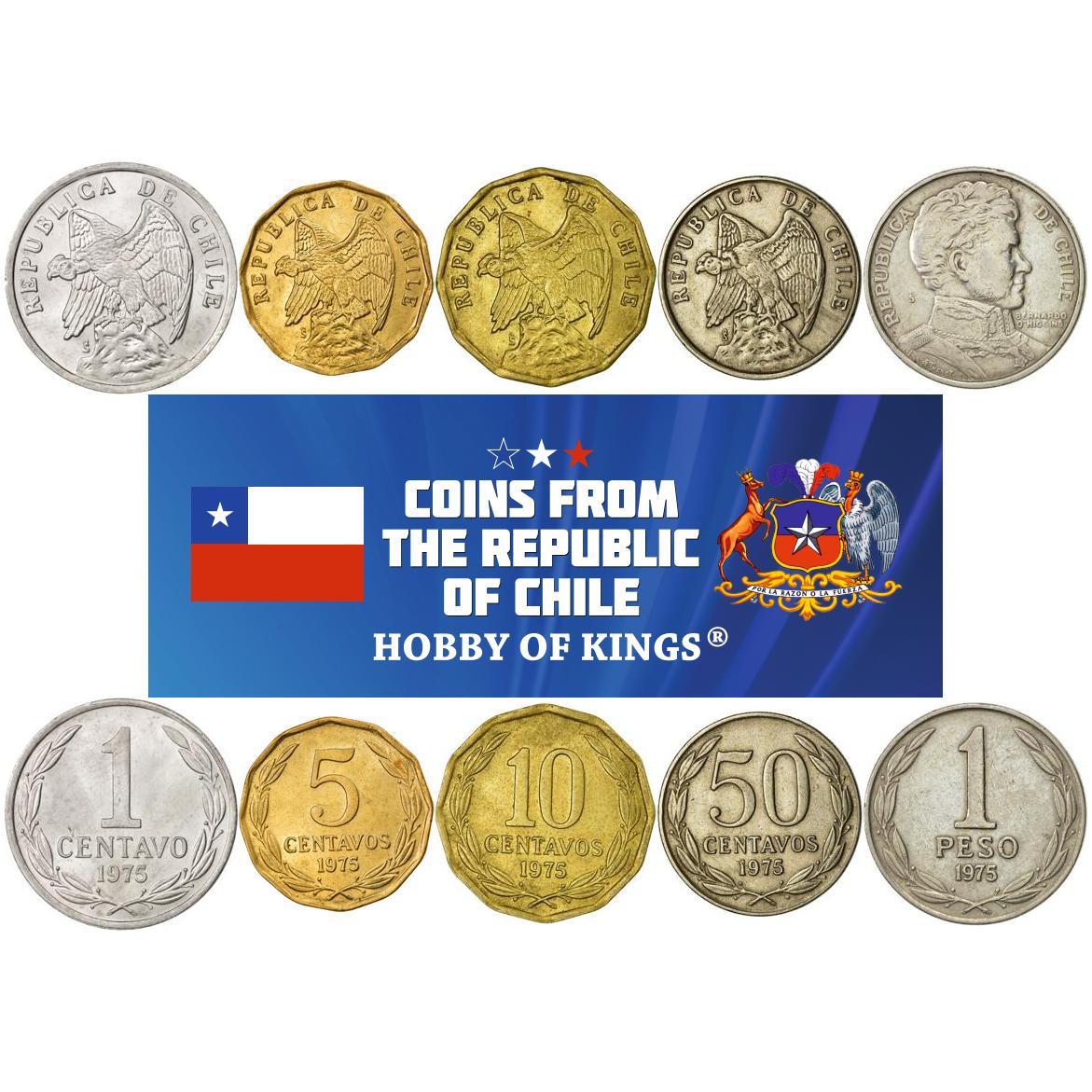 智利| 5枚硬币套装| 1分5分10分50分1比索| 安第斯秃鹰| 安第斯秃鹰| 贝尔纳多·奥希金斯| 1975 - 1