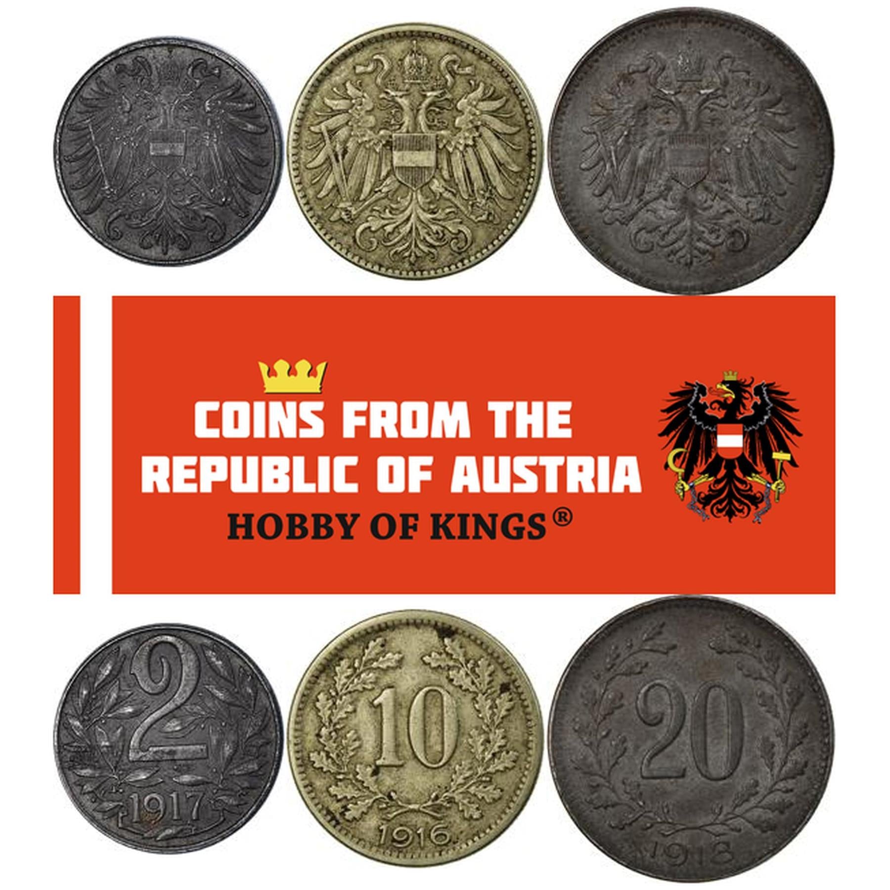 Austrijos imperija | 3 monetų rinkinys | 2 10 20 Helleriai | Austrijos herbas | 1916 - 1918