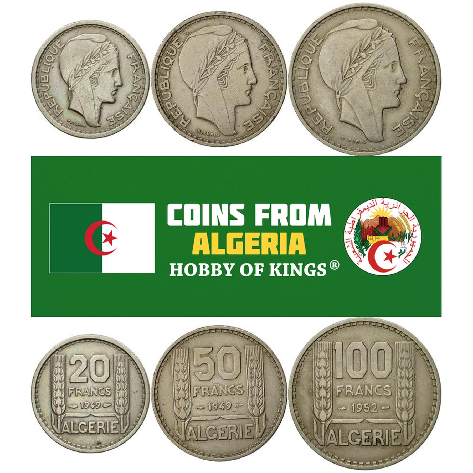 Algerian 3 Coin Set | 20 50 100 Franc | Marianne | 1949 - 1956