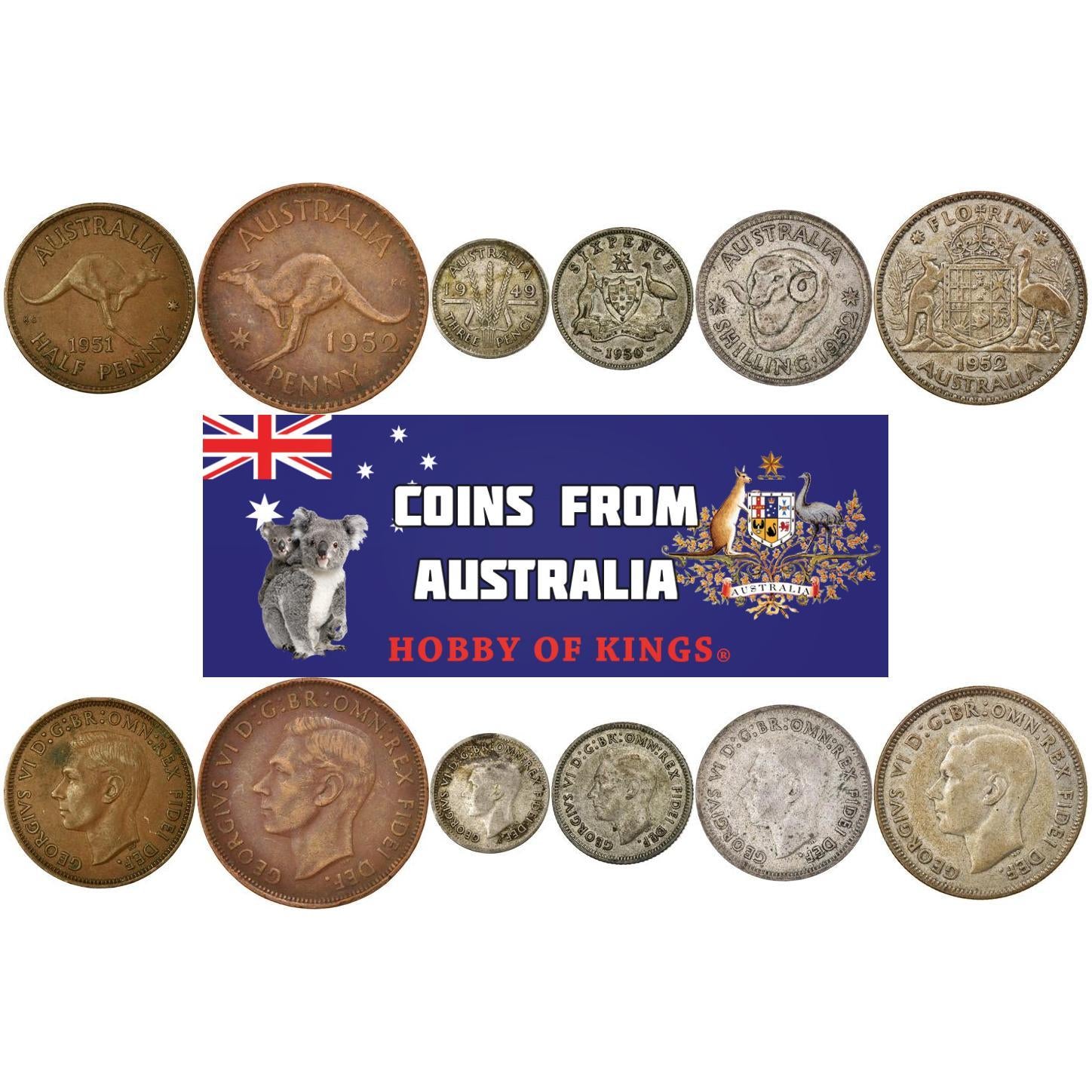 Australia | 6 Coin Set | 1/2 1 Penny 3 6 Pence 1 Shilling 1 Florin | 1949 - 1952