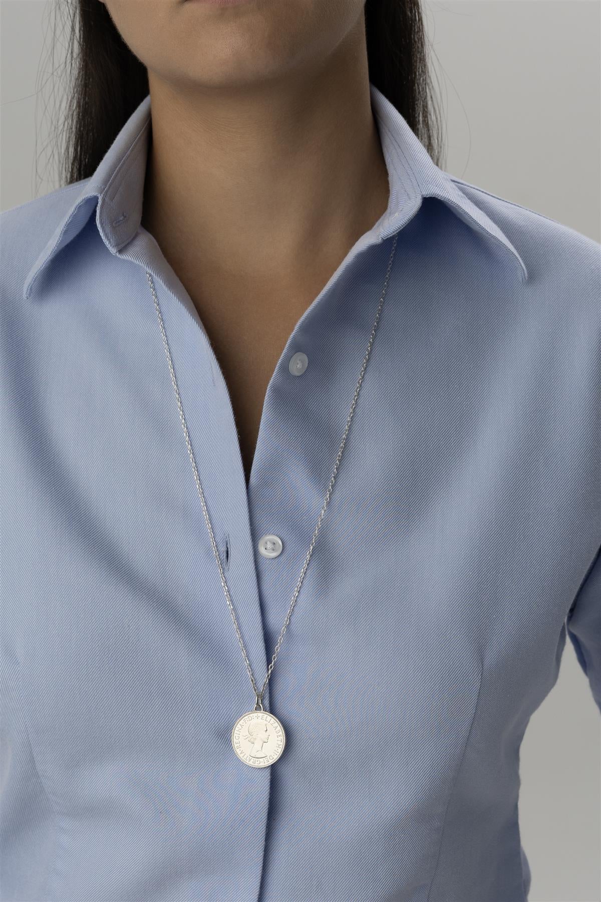 British Coin Necklace | Medallion Pendant Jewelry | Rhodium Plated 1/2 Penny | Queen Elizabeth II | 1954 - 1970