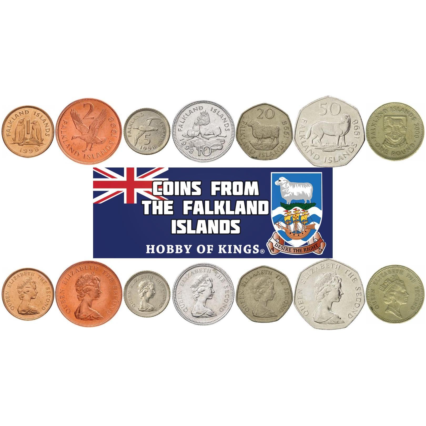 Falkland Islands | 7 Coin Set | 1 Penny 2 5 10 20 50 Pence 1 Pound | 1998 - 2000