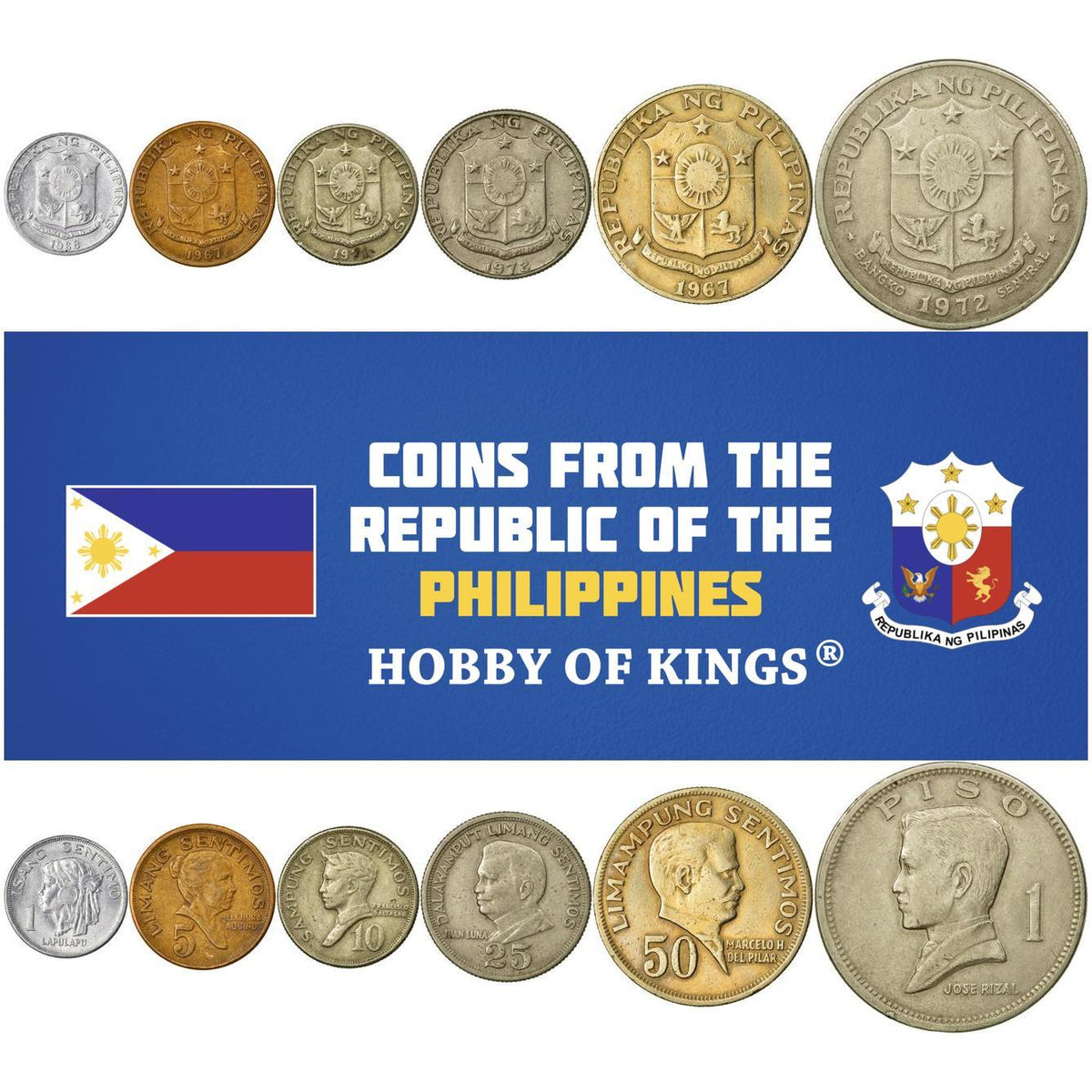 Set 6 Coins Philippines 1 5 10 25 50 Centavos 1 Peso 1967 - 1974