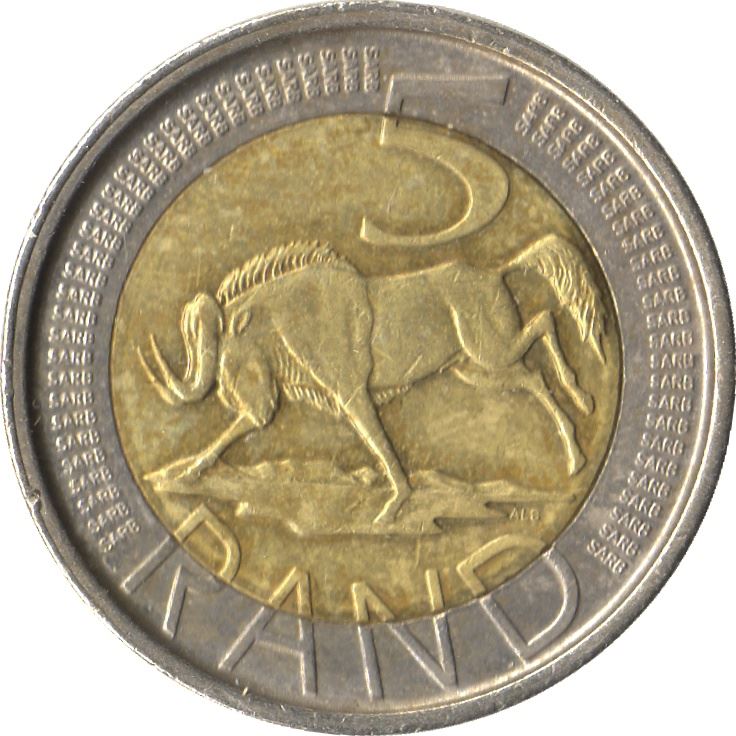 South Africa | 5 Rand Coin | Animals | Wildebeest | Gnu | Km:297 | 2005