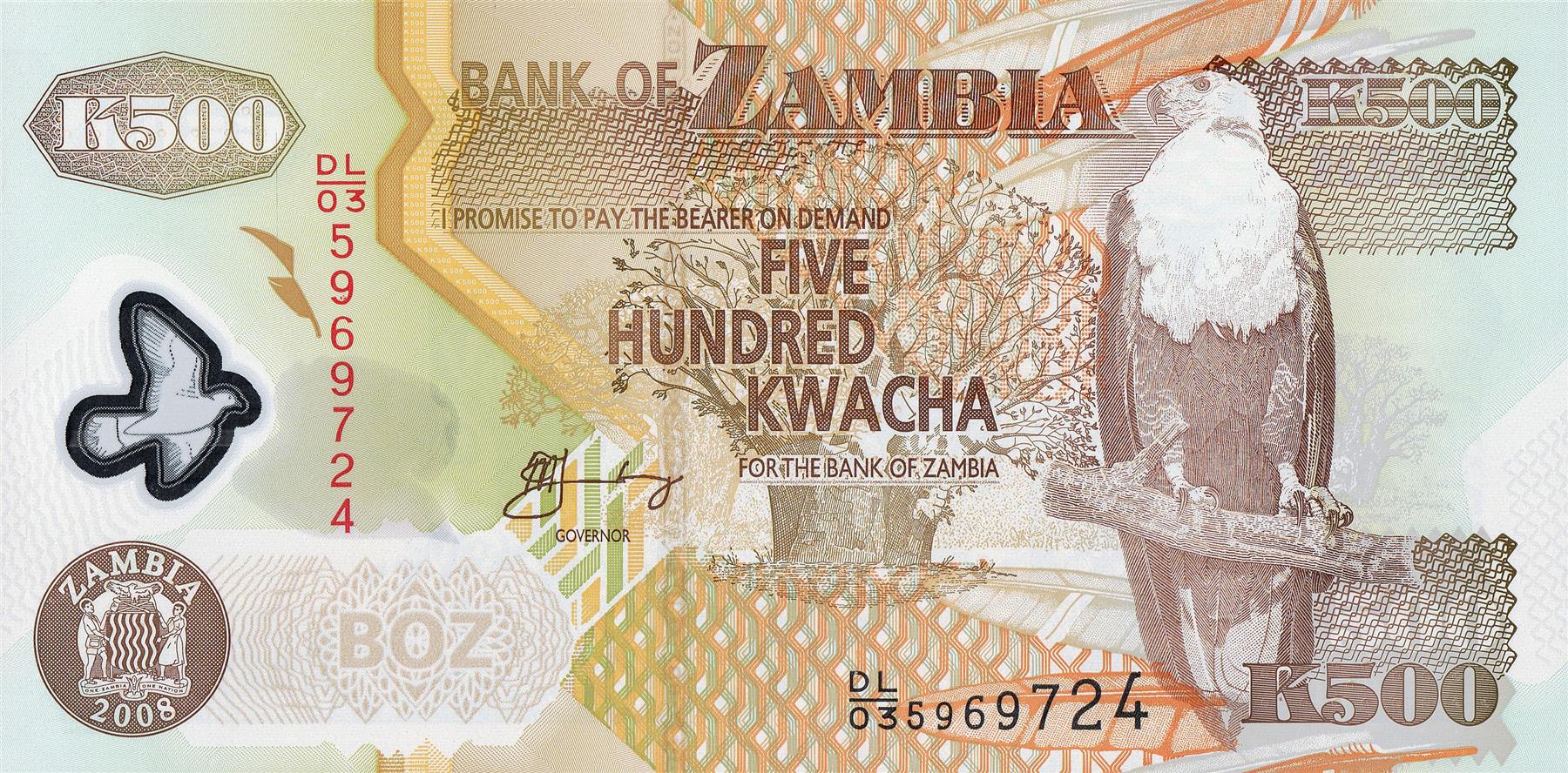 Zambia | 500 Kwacha Banknote | 2003 - 2011 | Eagle | Tree | Elephant | Cotton Farmers | Freedom Statue