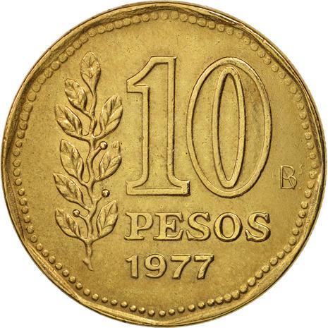 Argentyna 10 Pesos | Sol de Mayo | Moneta z gałązką oliwną | KM72 | 1976 - 1978