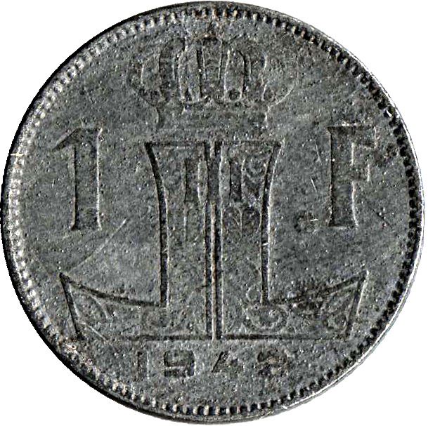 Belgijos moneta 1 frankas - Léopoldas III BELGIQUE | Skydas | Giliukai | KM128 | 1942 - 1947