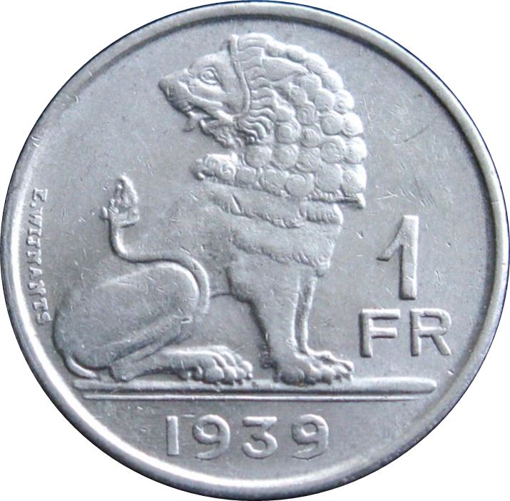 Moeda Belga 1 Franco - Léopold III BELGIQUE | Namur | Limbourg | KM119 | 1939
