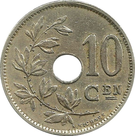 Moneda belga 10 céntimos - Albert I België | Rama de olivo | Estrella | KM86 | 1911 - 1929