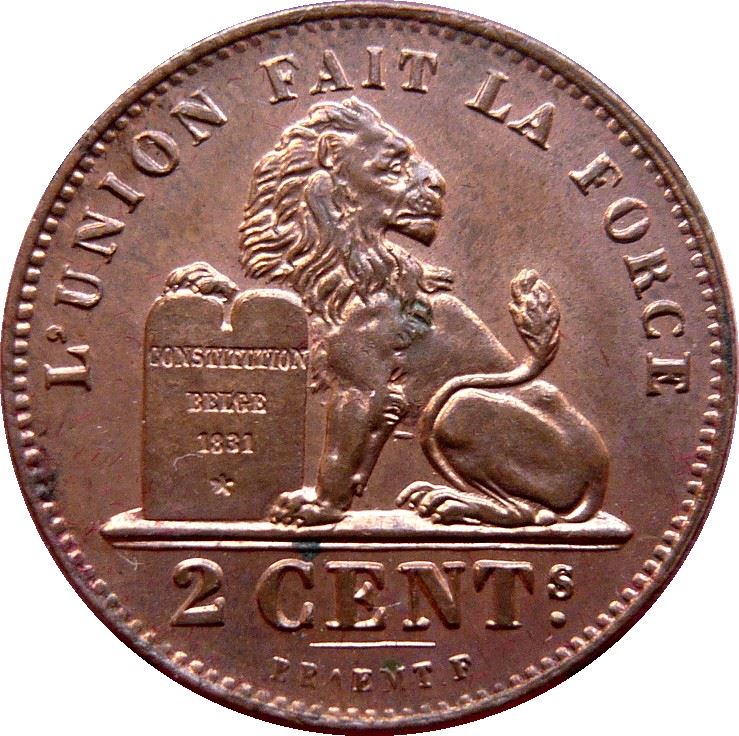 Belgijos moneta 2 centai - Léopold Belgique | Liūtas | Konstitucija | KM35 | 1869 - 1909