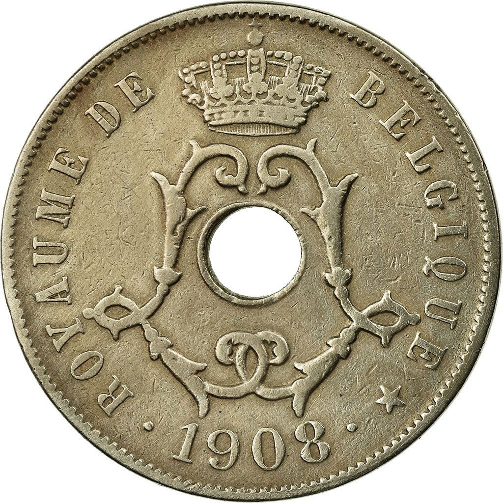 Moneda belga 25 céntimos - Léopold II Bélgica | Rama de olivo | Estrella | KM62 | 1908 - 1909