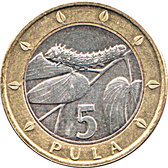 Botswana 5 Pula Münze | Mopane-Wurm | KM30 | 2000 - 2007
