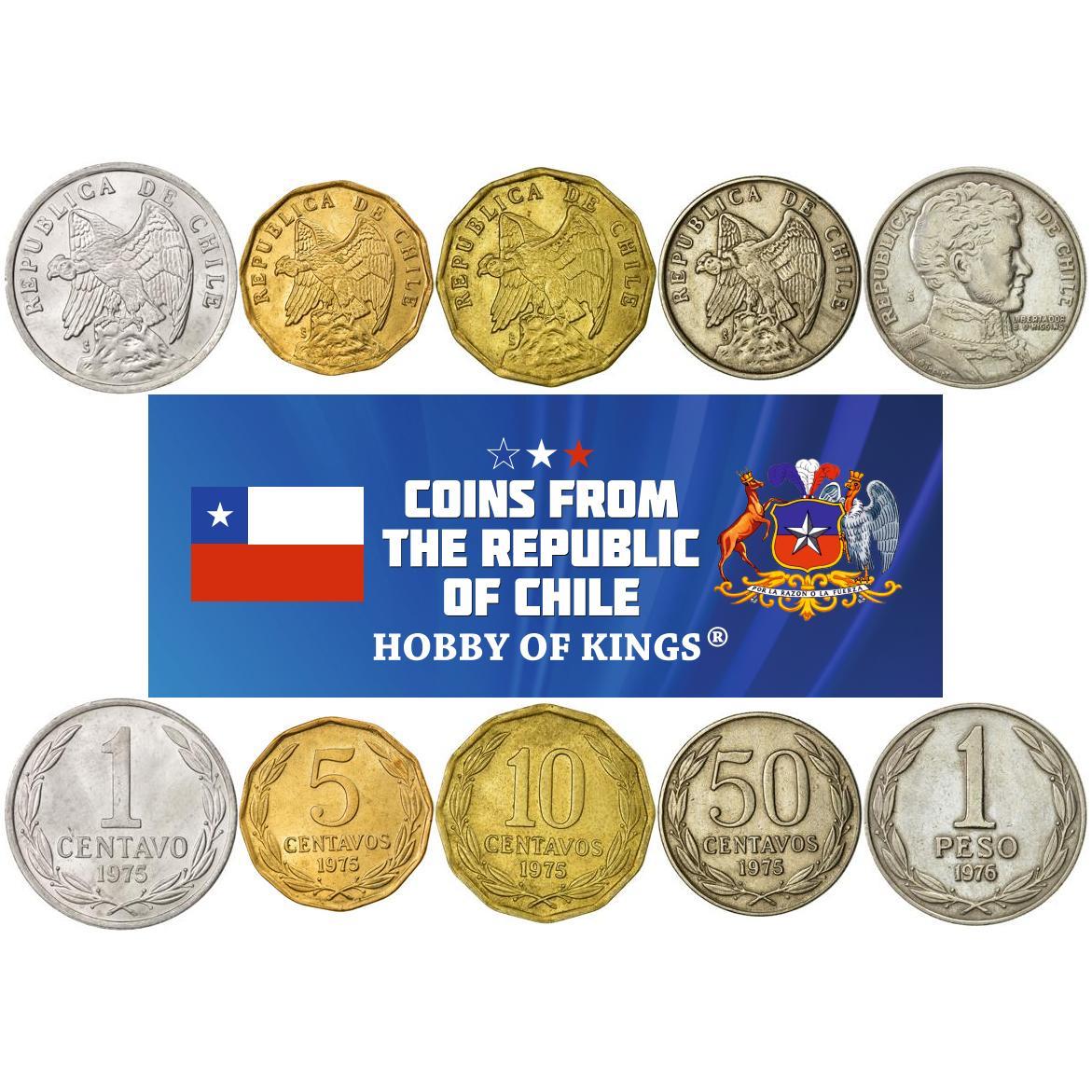 Chile | 5 Coin Set | 1 Centavo 5 10 50 Centavos 1 Peso | Andean Condor | Andean condor | Bernardo O'Higgins | 1975 - 1977