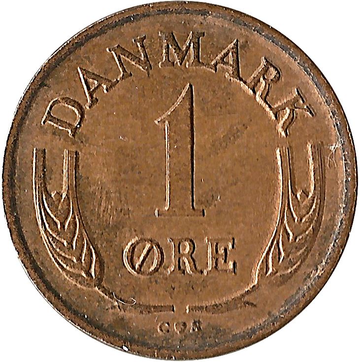 Danish 1 Ore Coin | King Frederik IX Monogram | KM846 | Denmark | 1960 - 1964