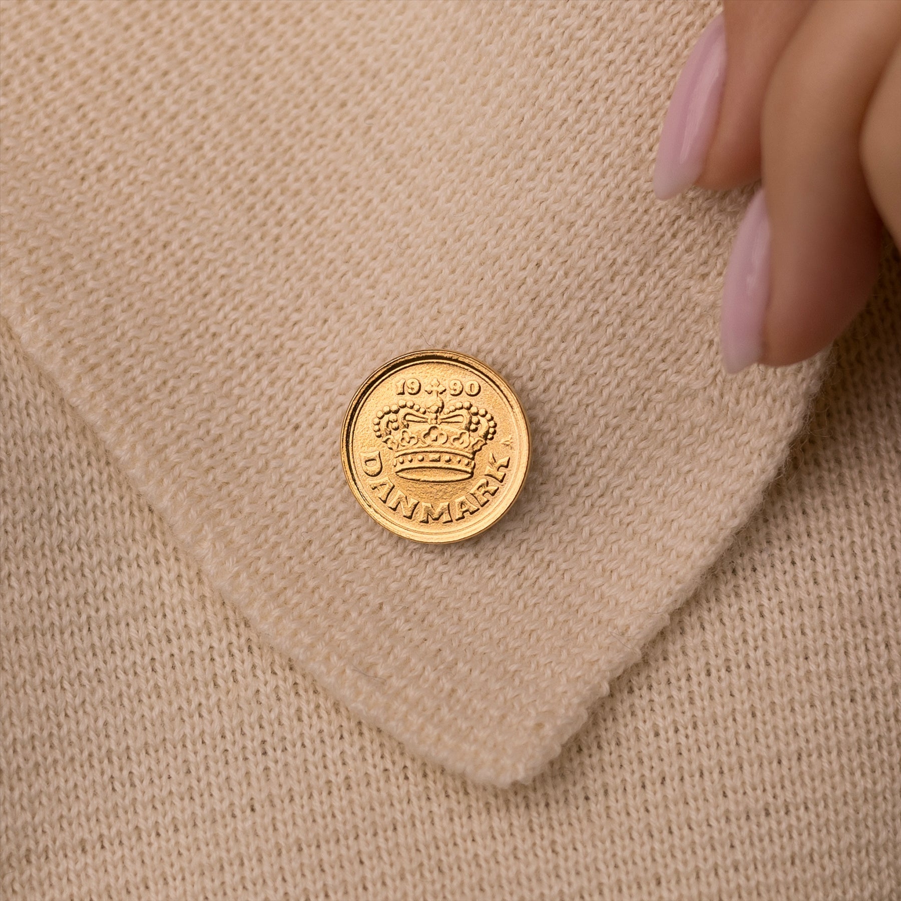 Danish Coin Pin Brooch Badge | Genuine 25 Ore | 18K Gold Plated | Queen's Crown | Love Heart