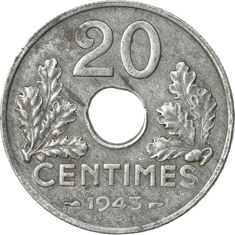 French | 20 Centimes Coin | Vichy French State | Zinc | heavy type | KM900 | France | 1941 - 1943