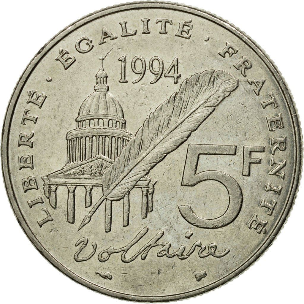 French Coin 5 Francs | Voltaire | KM1063 | France | 1994