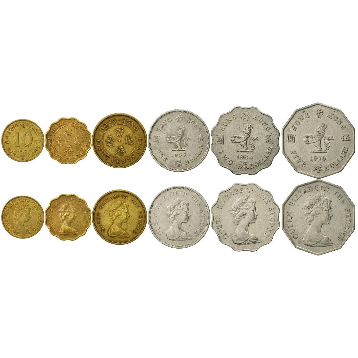 Hong Kong | 6 Coin Set | 10 20 50 Cents 1 Dollar 2 5 Dollars | 1975 - 1984