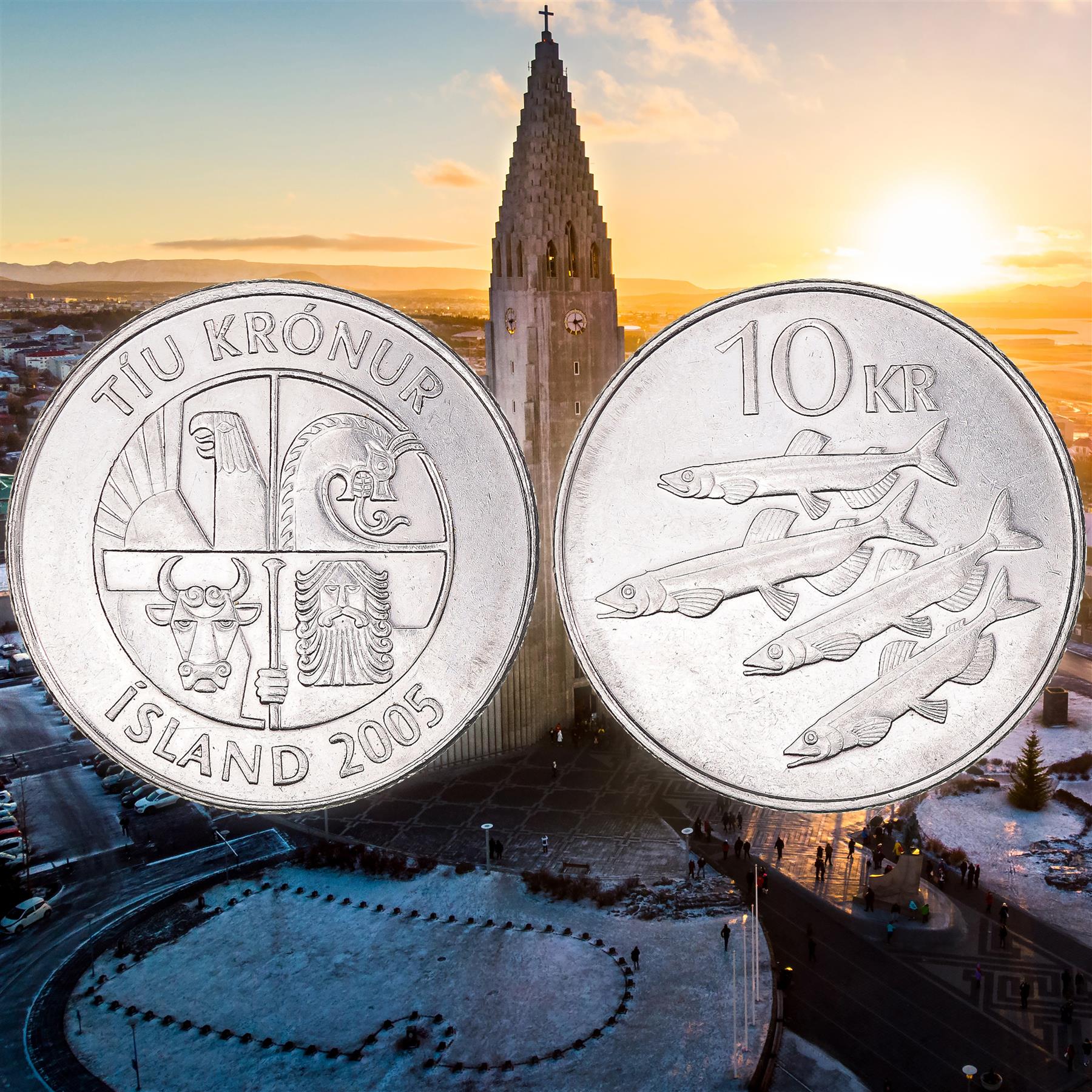 Iceland | 10 Kronur | 100 Coins | Eagle Gammur | Capelin Fish | Icelandic Mythology | 1996 - 2008