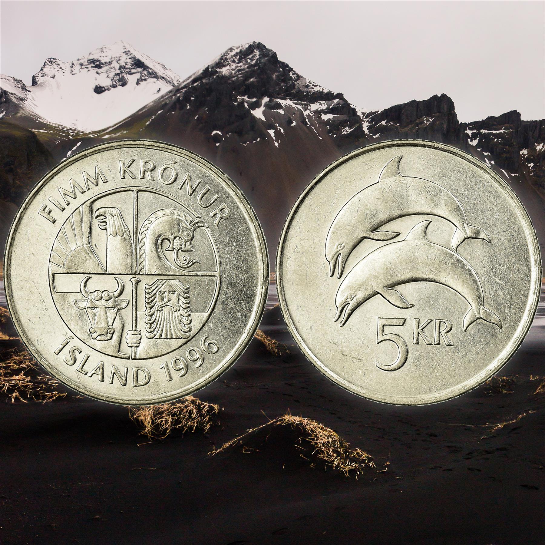 Iceland 5 Kronur Coin | Bull Grioungur | Eagle Gammur | Dragon Dreki | Giant Bergrisi | Dolphin | 1996 - 2008