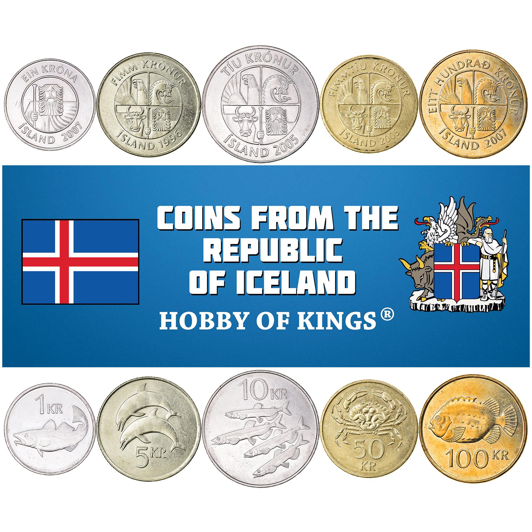Icelander 5 Coin Set 1 5 10 50 100 Krónur | Bull | Eagle | Stingray |