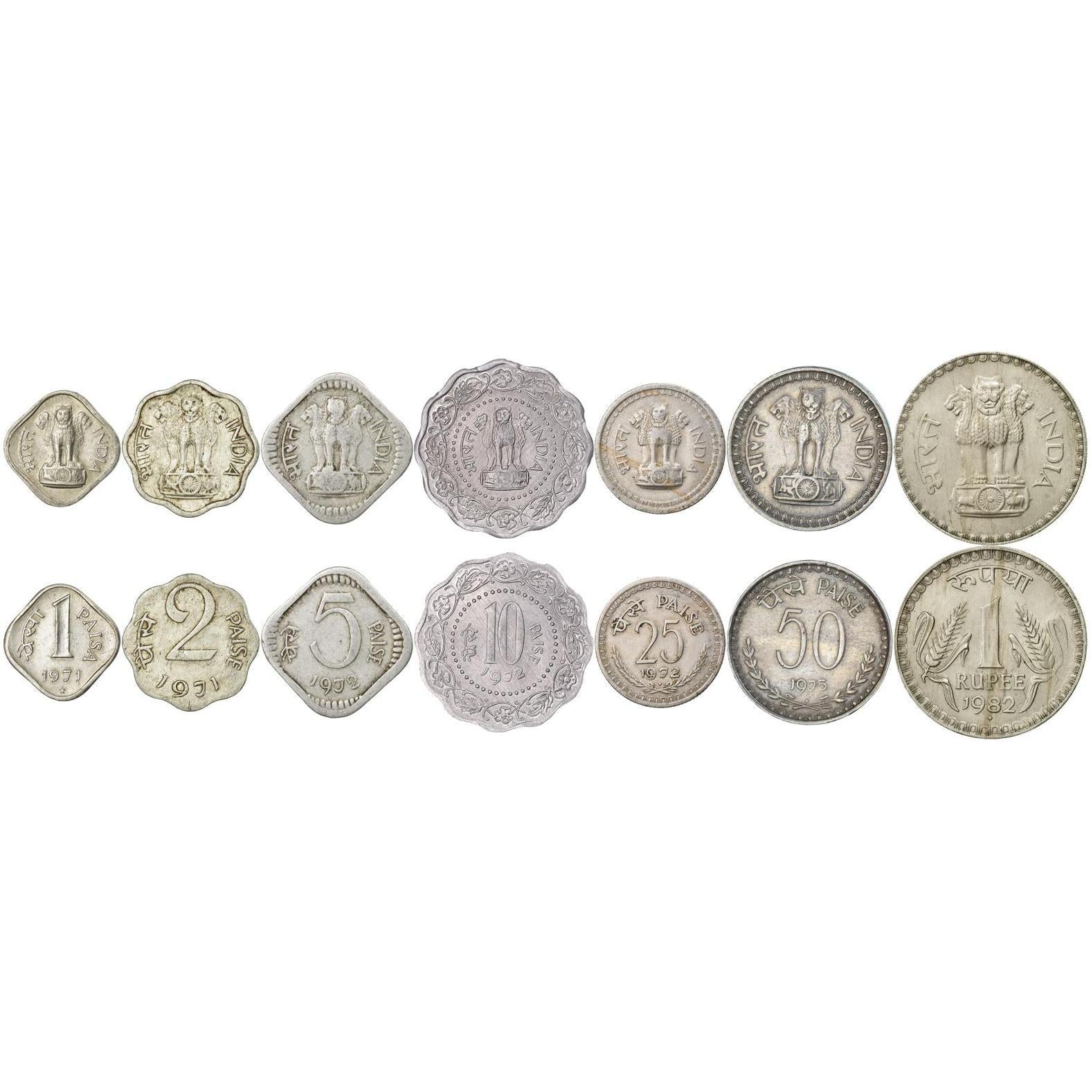 India | 7 Coin Set | 1 2 5 10 25 50 Paisa 1 Rupee | 1971 - 1984