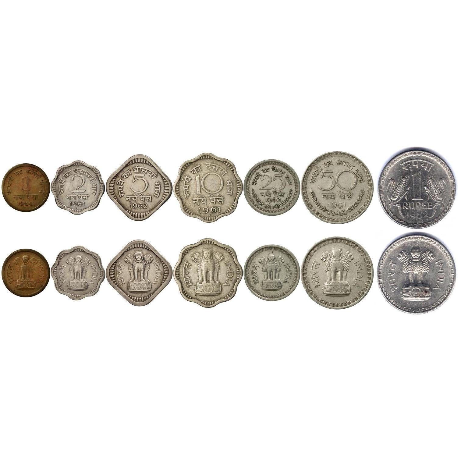 India | 7 Coin Set | 1 Naya 2 Naye 5 Naye 10 Naye 25 Naye 50 Naye Paisa 1 Rupee | 1957 - 1963