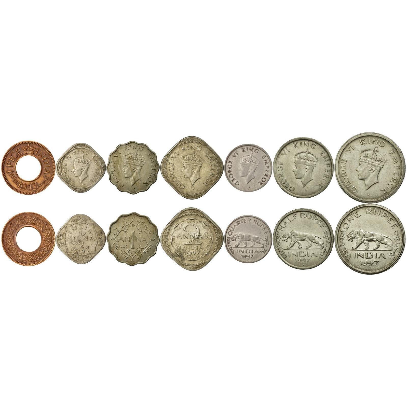 India - British | 7 Coin Set | 1 Pice 1/2 1 Anna 2 Annas 1/4 1/2 1 Rupee | 1943 - 1947