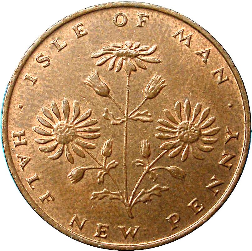 Isle of Man Pièce Manx ½ Nouveau Penny | Reine Elizabeth II | Jacobaea Vulgaris | Fleur Nationale | KM19 | 1971 - 1975